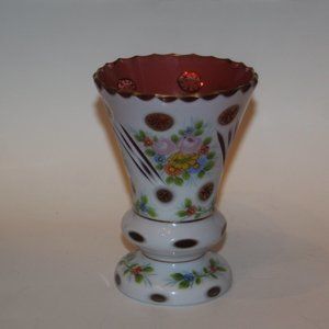 BOHEMIAN CZECH Cased Glass White Overlay Cut to Red Cranberry VASE Vintage